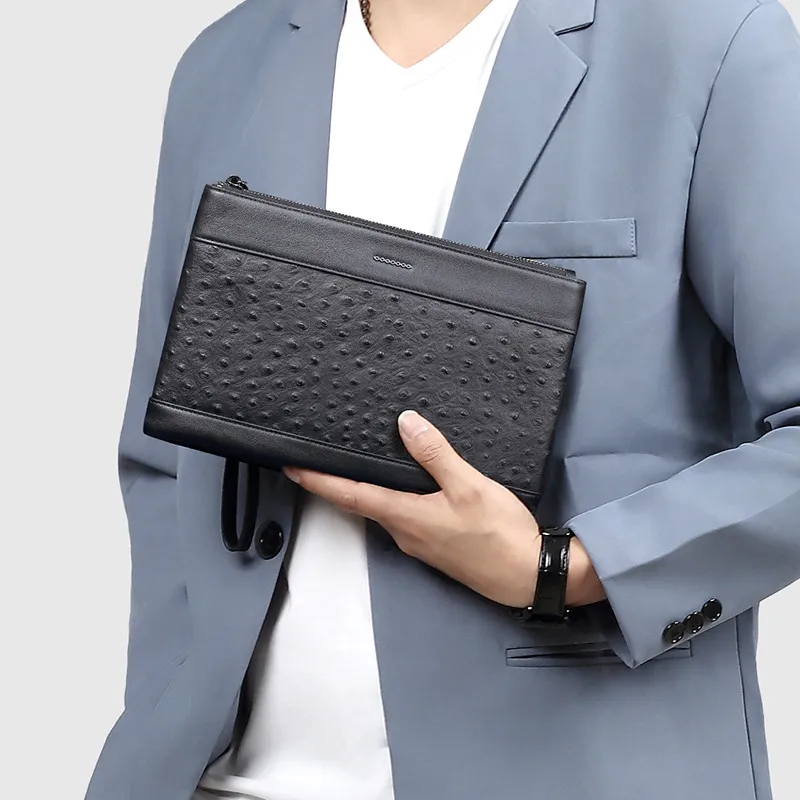 PESASRIE Genuine Leather Top Grain Cow Leather Handheld Envelope Bag Regular Men's Black-6