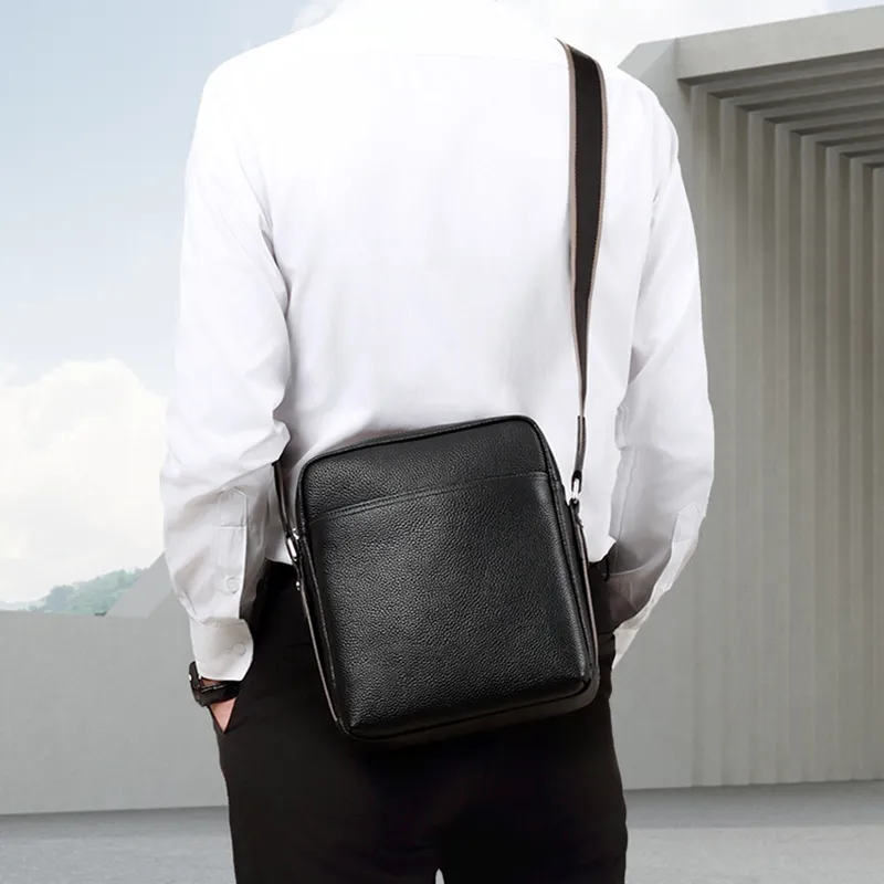 PESASRIE Top Grain Cow Leather Crossbody Bag Messenger Bag Men's Black-8