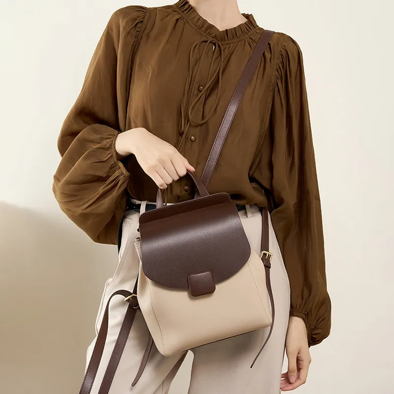 PESASRIE Cow Leather Backpack Regular Women's Beige & Brown-5