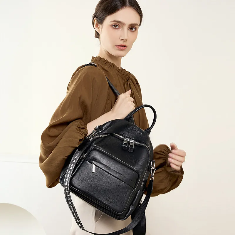 PESASRIE Cow Leather Backpack Women's Black/Gray/Light Blue-1