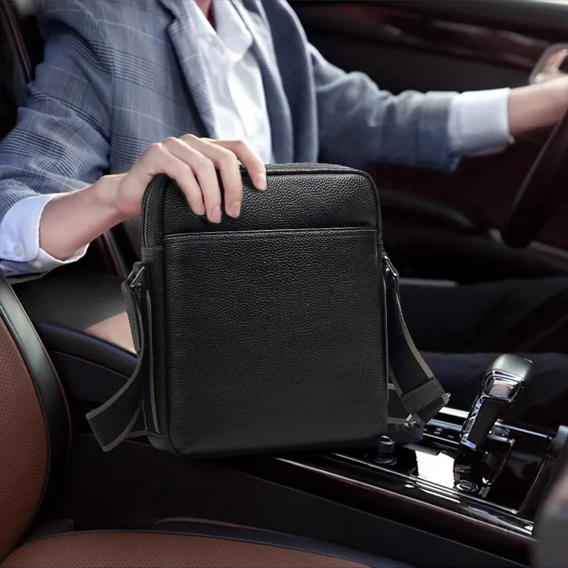PESASRIE Top Grain Cow Leather Crossbody Bag Messenger Bag Men's Black-6