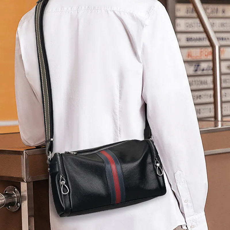PESASRIE Top Grain Cow Leather Crossbody Bag, Shoulder Bag Men's Black-7