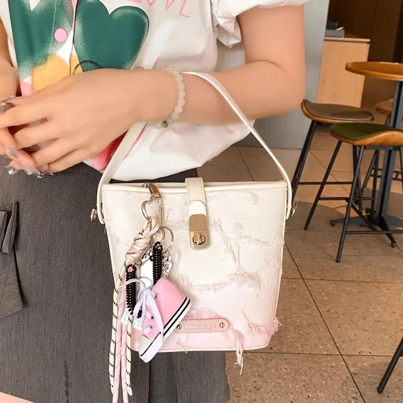 PESASRIE PU Bucket Bag, Crossbody, One Shoulder Handbag Regular Women's White Pink Gradient-3