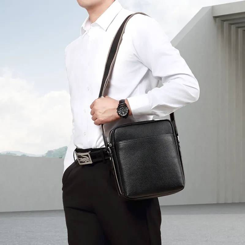 PESASRIE Top Grain Cow Leather Crossbody Bag Messenger Bag Men's Black-7