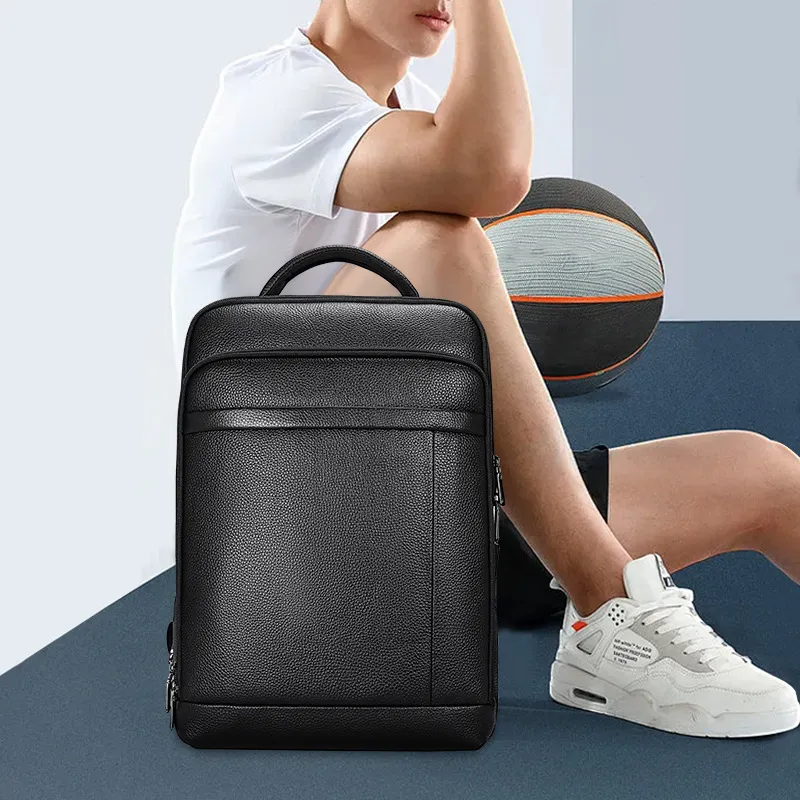 PESASRIE Cow Leather Backpack Men's Black-3