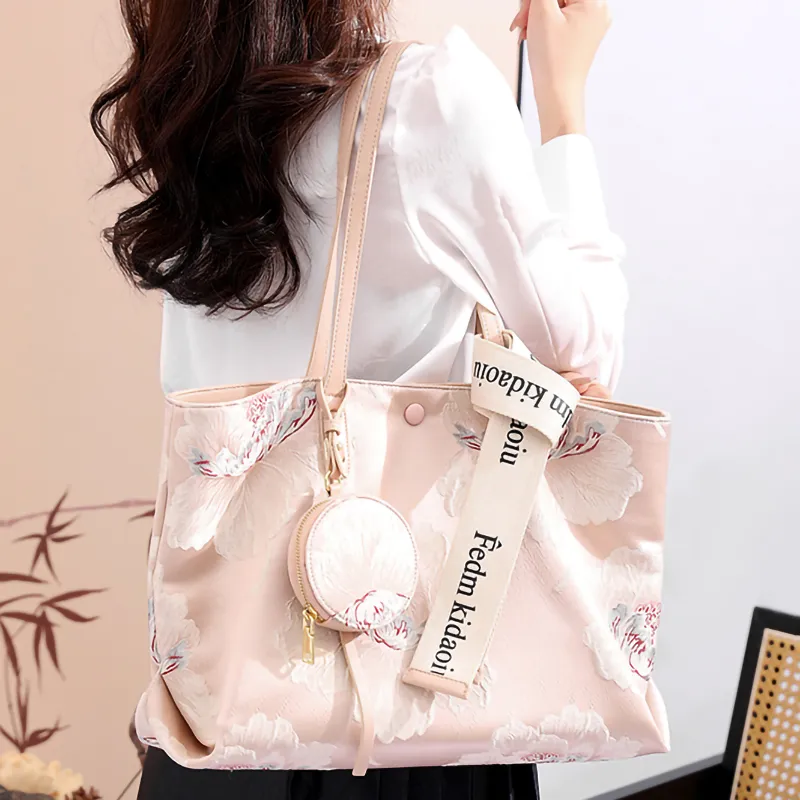 PESASRIE Cow Leather+Microfiber Synthetic Leather Tote Bag, Shopping Bag, Shoulder Bag Women's Floral Pink-8
