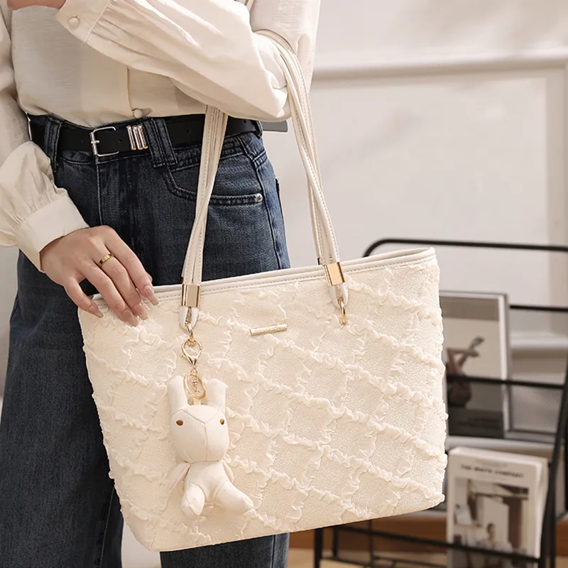 PESASRIE PU Tote Bag Shopping Bag Shoulder Bags Regular Women's Ecru/Black-7
