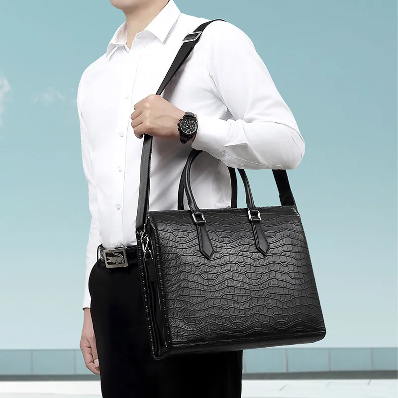 PESASRIE Top Grain Cow Leather Briefcase Men's Black-2