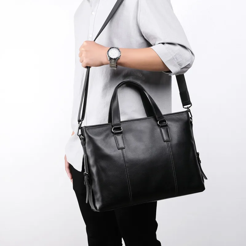 PESASRIE Top Grain Cow Leather Handbag Briefcase Regular Men's Black-2