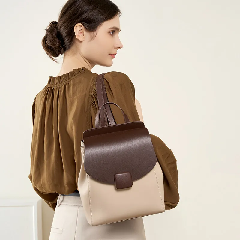 PESASRIE Cow Leather Backpack Regular Women's Beige & Brown-1