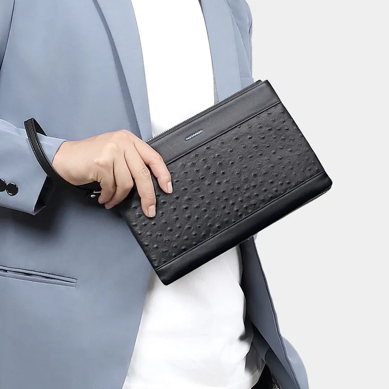 PESASRIE Genuine Leather Top Grain Cow Leather Handheld Envelope Bag Regular Men's Black-5