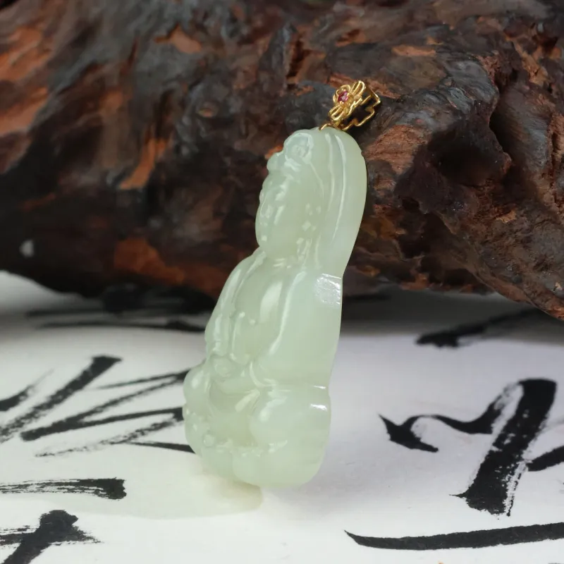 Qingjing Hetian Jade Pendants Pale Greenish White Jade Unisex-4