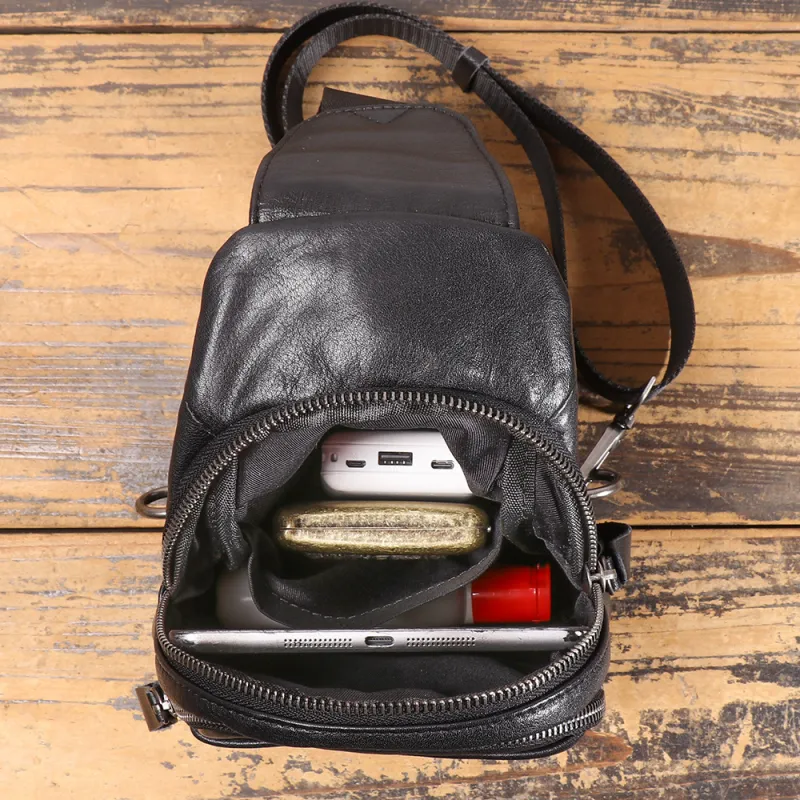 DOSRFINI Top Grain Cow Leather One Shoulder Crossbody Bag, Sling Bag Men's Black-3