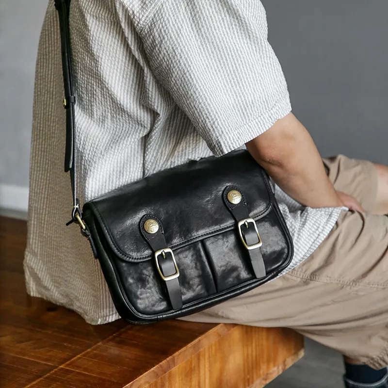 DOSRFINI Top Grain Cow Leather Messenger Bag Shoulder Bag Crossbody Bag Regular Men's Black-4