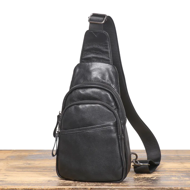 DOSRFINI Top Grain Cow Leather One Shoulder Crossbody Bag, Sling Bag Men's Black-1