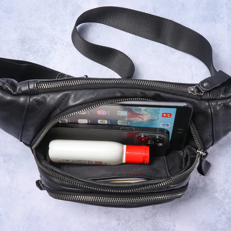 DOSRFINI Top Grain Cow Leather Fanny Pack Regular Men's Black-2