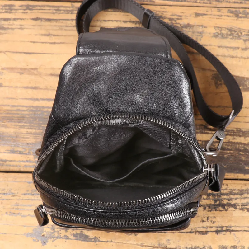 DOSRFINI Top Grain Cow Leather One Shoulder Crossbody Bag, Sling Bag Men's Black-2