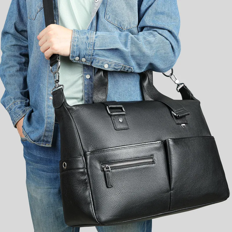 DOSRFINI Cow Leather One Shoulder Handbag Men's Black-2