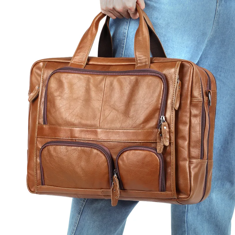 DOSRFINI Top Grain Cow Leather Portable Briefcases Men's Brown-4