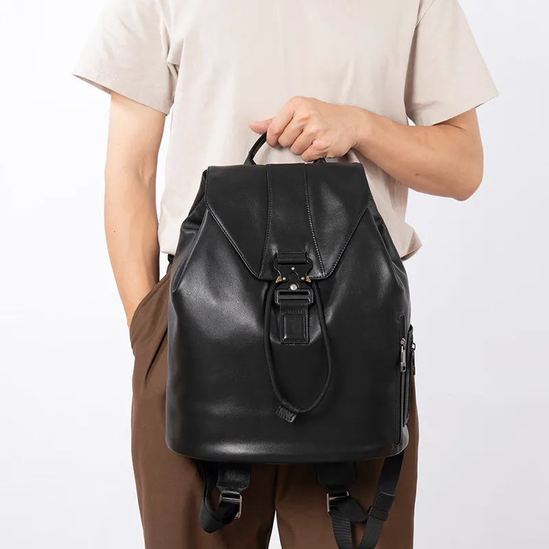 DOSRFINI Cow Leather Student Backpack Laptop Bag Regular Men's Black-1