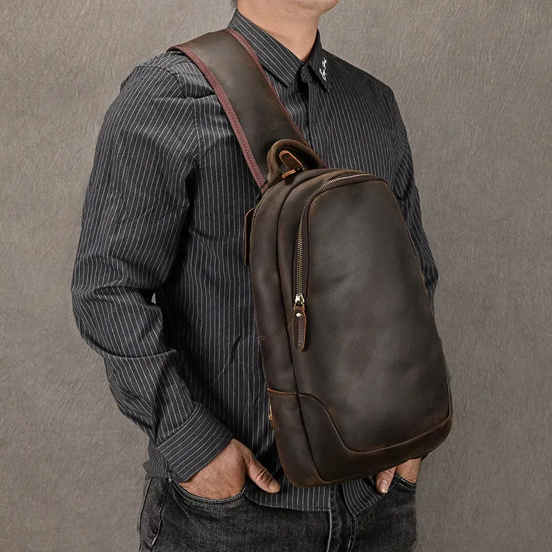 DOSRFINI Cow Leather Sling Bag Large Size Men's Dark Brown/Light Brown-4