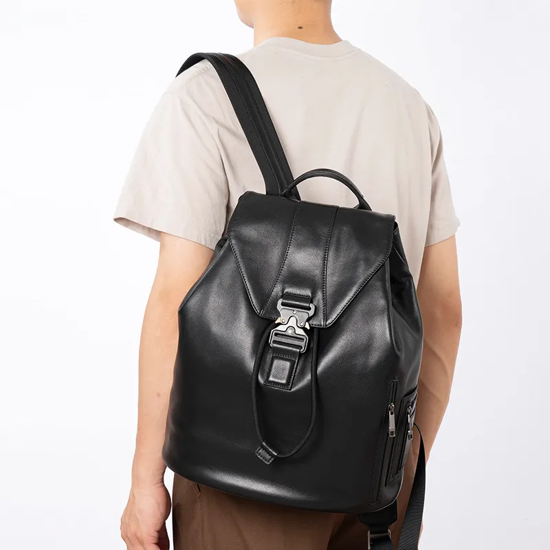 DOSRFINI Cow Leather Student Backpack Laptop Bag Regular Men's Black-2