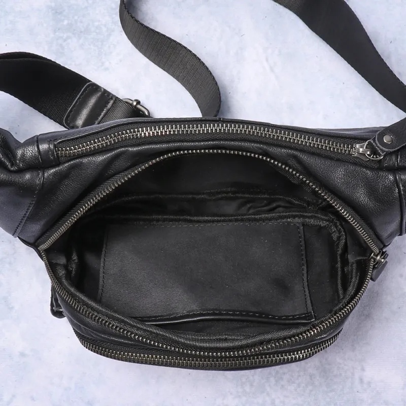 DOSRFINI Top Grain Cow Leather Fanny Pack Regular Men's Black-1