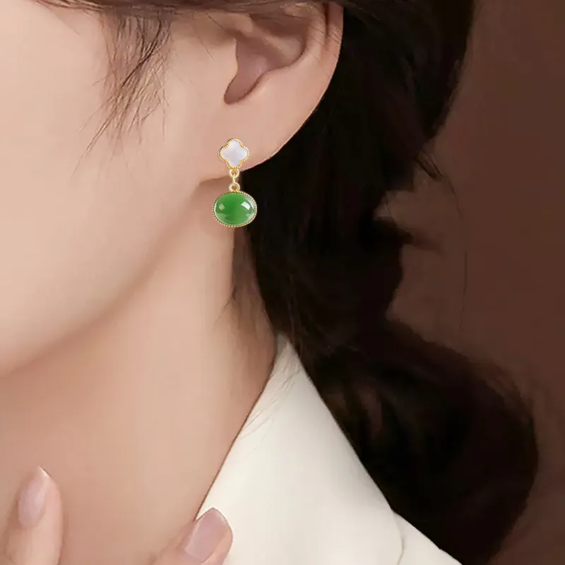 Royal Dragon Mirror Hetian Jade Earrings Jasper Women's-4