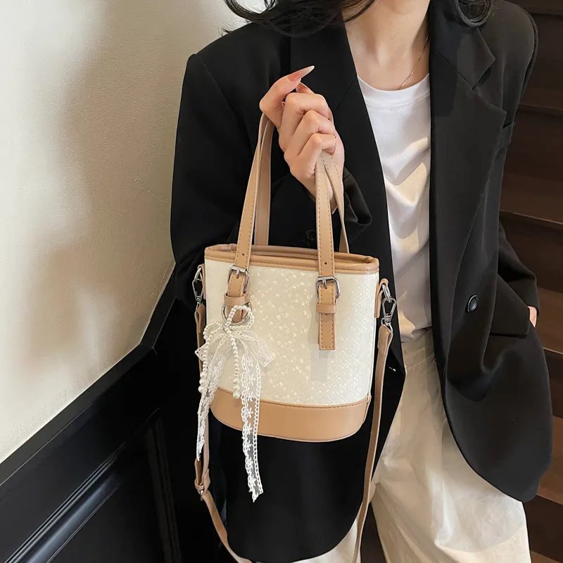 Yi Brigade PU Bucket Bag, Shoulder Bag, Crossbody Bag, Handbag Regular Women's Black/Ecru/Silver/Coffee-5