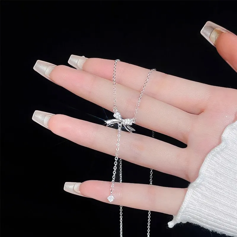 Regalrose 999 Fine Silver Bowknot Fringe Necklace Women's Silver-3