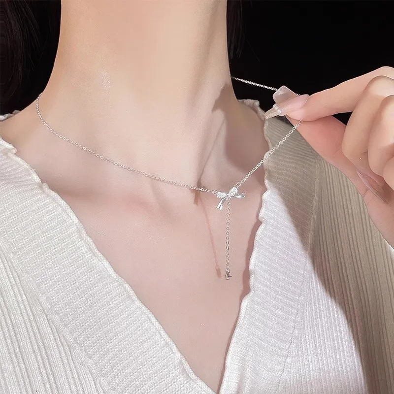 Regalrose 999 Fine Silver Bowknot Fringe Necklace Women's Silver-2