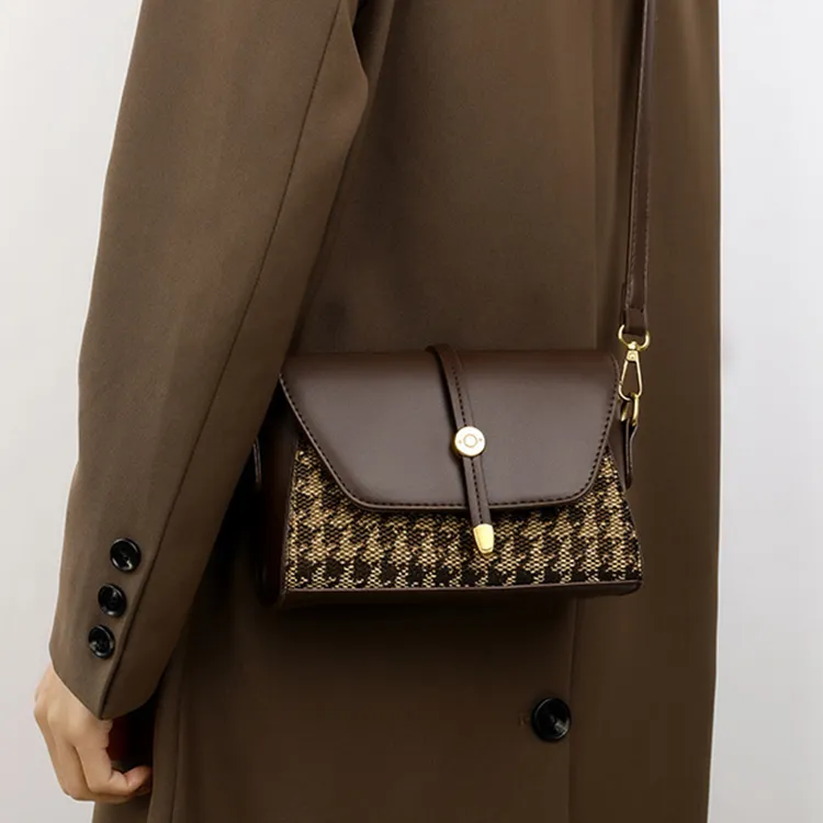 GATOER Small Square Bag Women's Advanced Touch Houndstooth Shoulder Bag Regular Brown-11