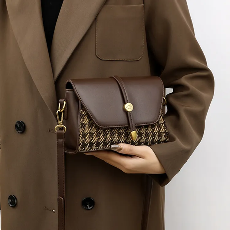 GATOER Small Square Bag Women's Advanced Touch Houndstooth Shoulder Bag Regular Brown-7