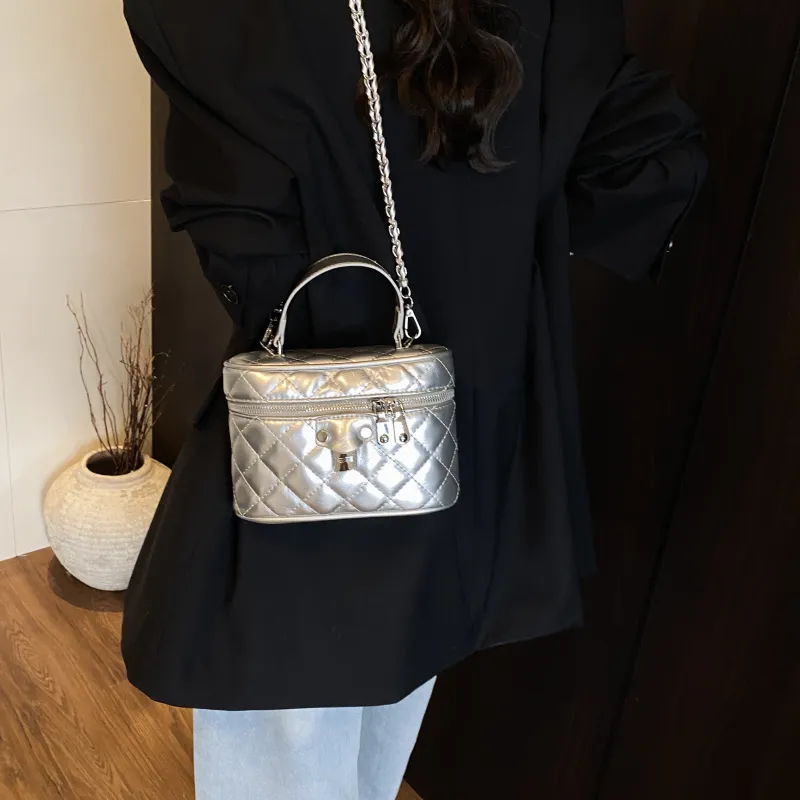 ZAVC PU Box Bag, One Shoulder Handbag Women's Silver/Pink/Black/Ecru/Blue-3
