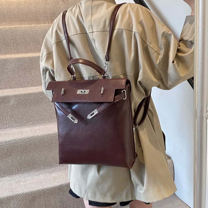 ZAVC PU Portable One Shoulder Backpack Regular Women's Khaki/Brown/Black-11