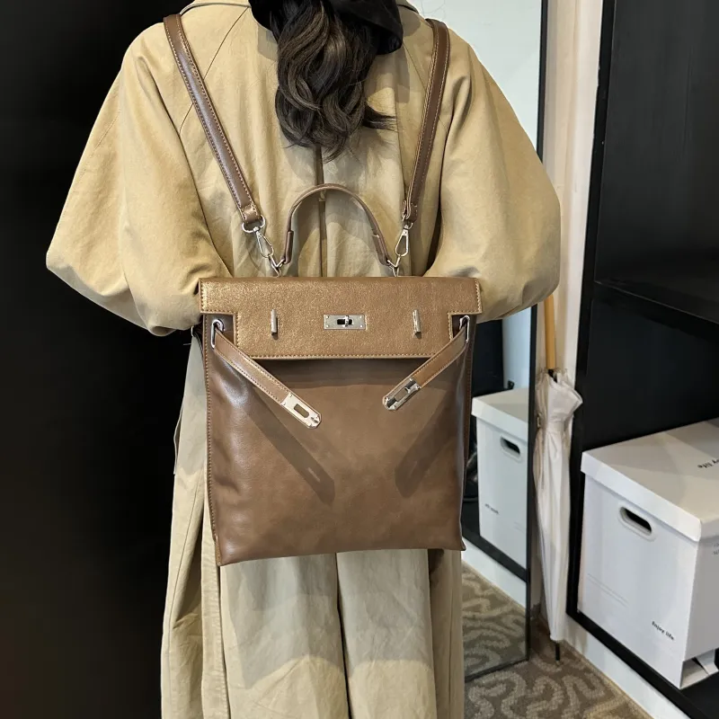 ZAVC PU Portable One Shoulder Backpack Regular Women's Khaki/Brown/Black-5