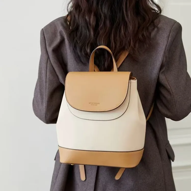 ZAVC PU Backpack Regular Women's Vanilla Yellow/White & Milk Tea/Khaki & Brown/Black-7
