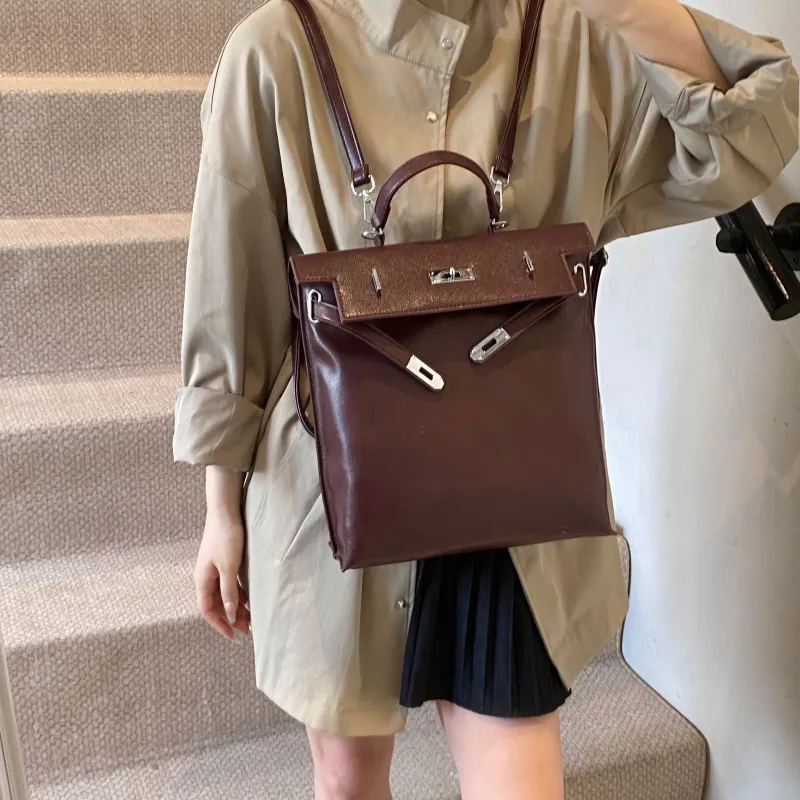 ZAVC PU Portable One Shoulder Backpack Regular Women's Khaki/Brown/Black-10