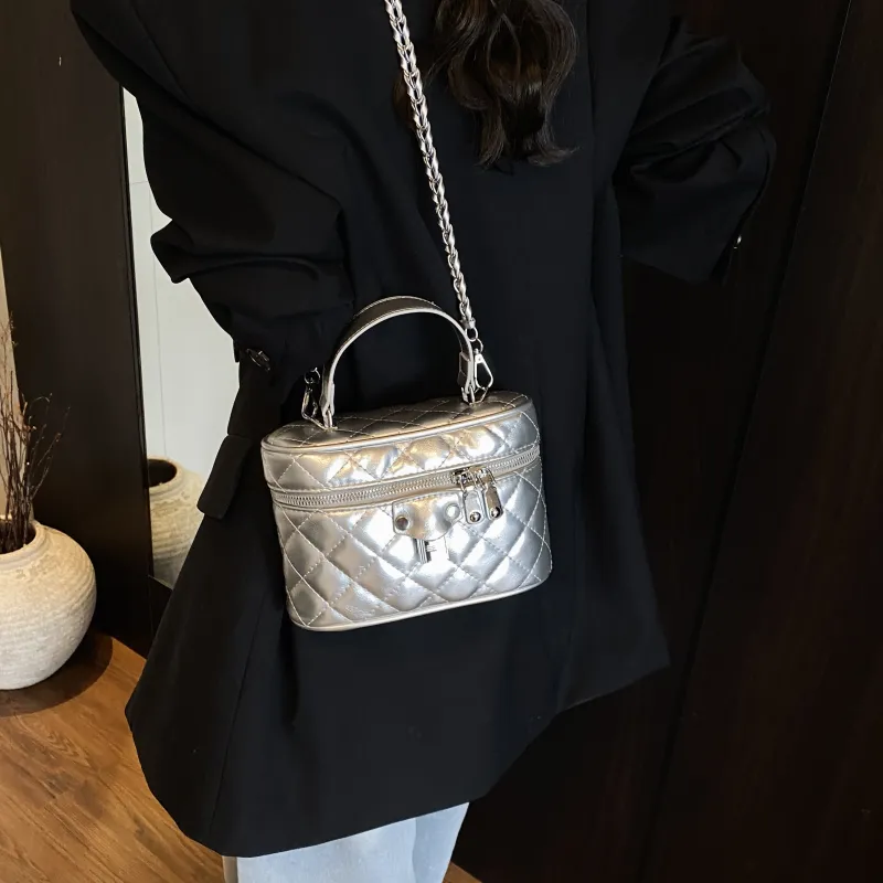 ZAVC PU Box Bag, One Shoulder Handbag Women's Silver/Pink/Black/Ecru/Blue-2