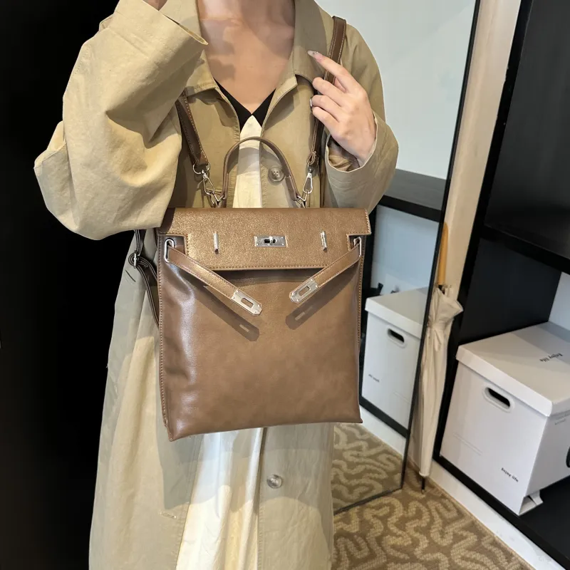 ZAVC PU Portable One Shoulder Backpack Regular Women's Khaki/Brown/Black-4