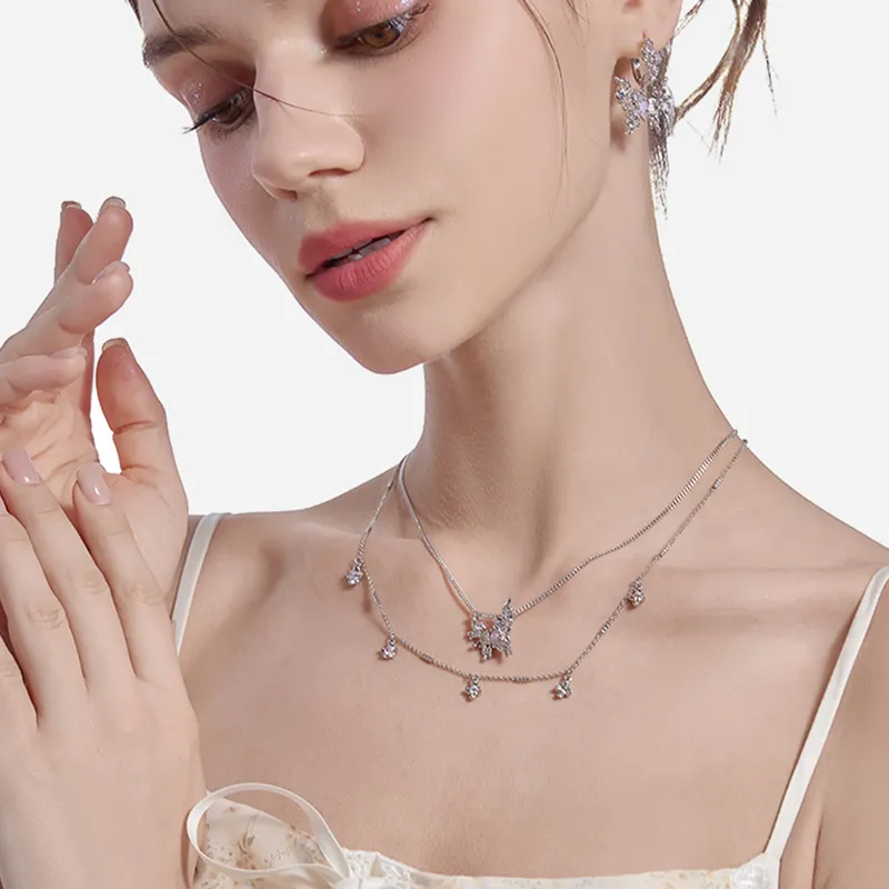 Masw Double Layer Layering Floral Collarbone Chain Necklaces Women's-3