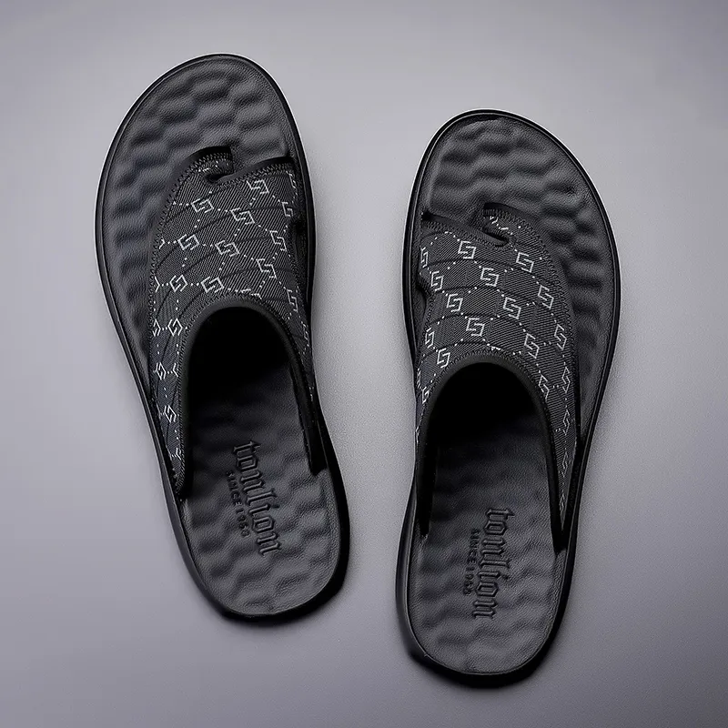 Tonlion Stitching Slip Resistant Flip Flops Men's Black-2