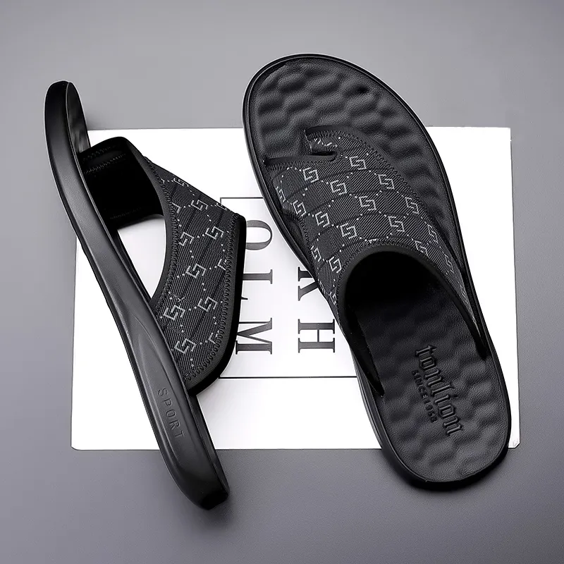 Tonlion Stitching Slip Resistant Flip Flops Men's Black-3