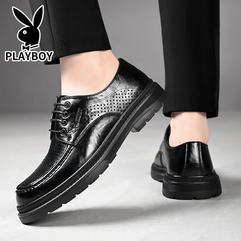 Playboy Playboy Business Casual Leather Shoes Men's Black Low-Top-5