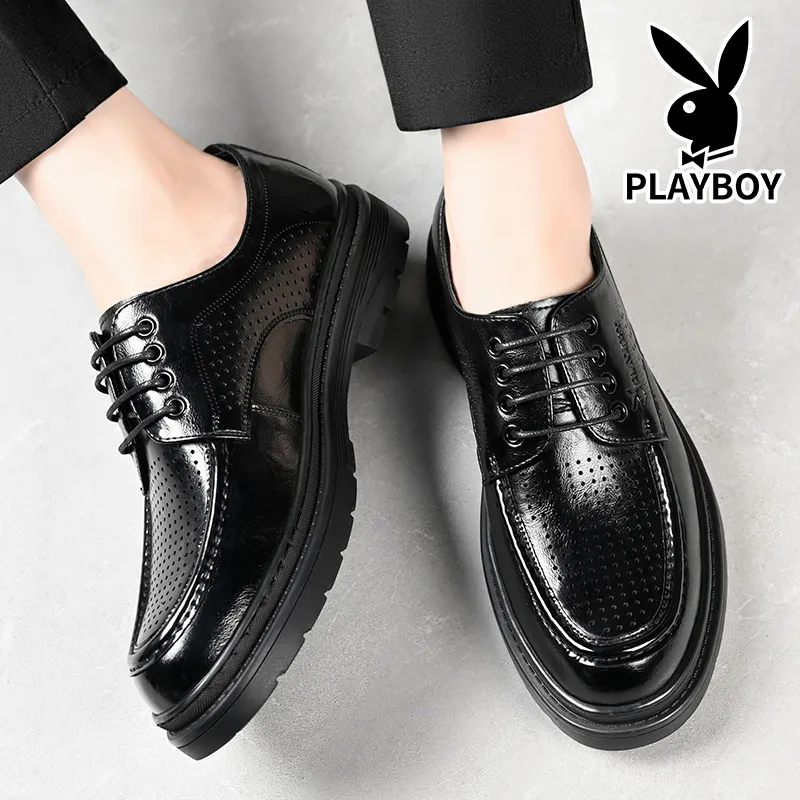 Playboy Playboy Business Casual Leather Shoes Men's Black Low-Top-7