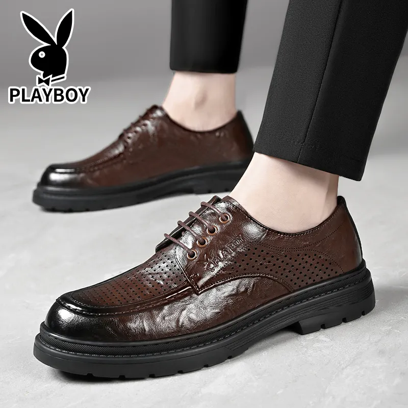 Playboy Playboy Business Casual Leather Shoes Men's Black Low-Top-14