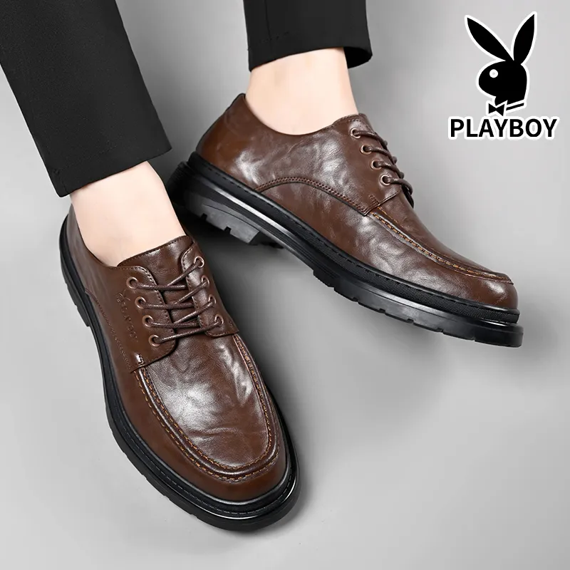 Playboy Playboy Business Casual Leather Shoes Men's Black Low-Top-11