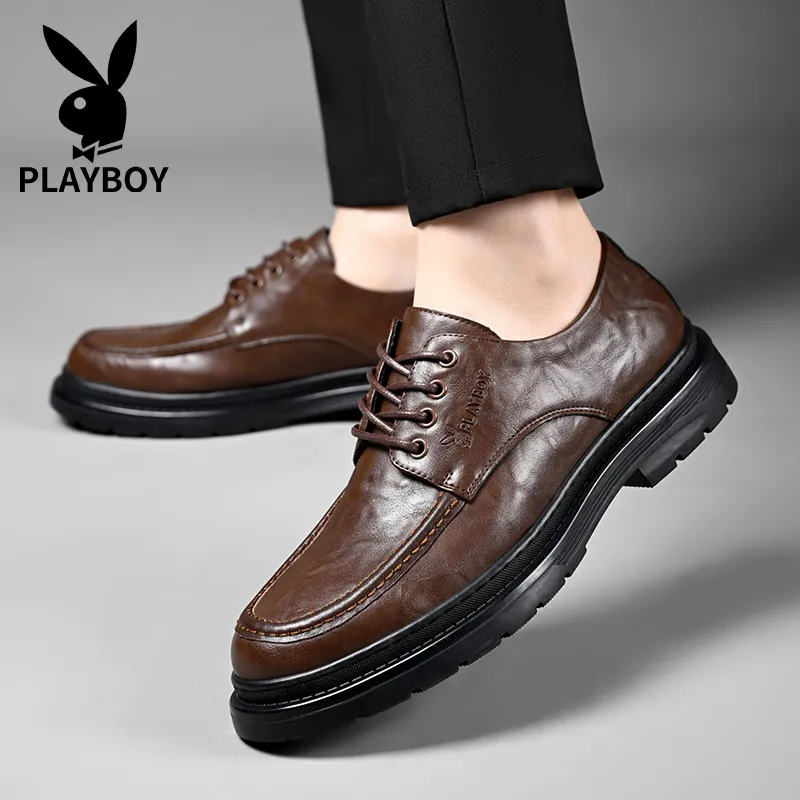 Playboy Playboy Business Casual Leather Shoes Men's Black Low-Top-12