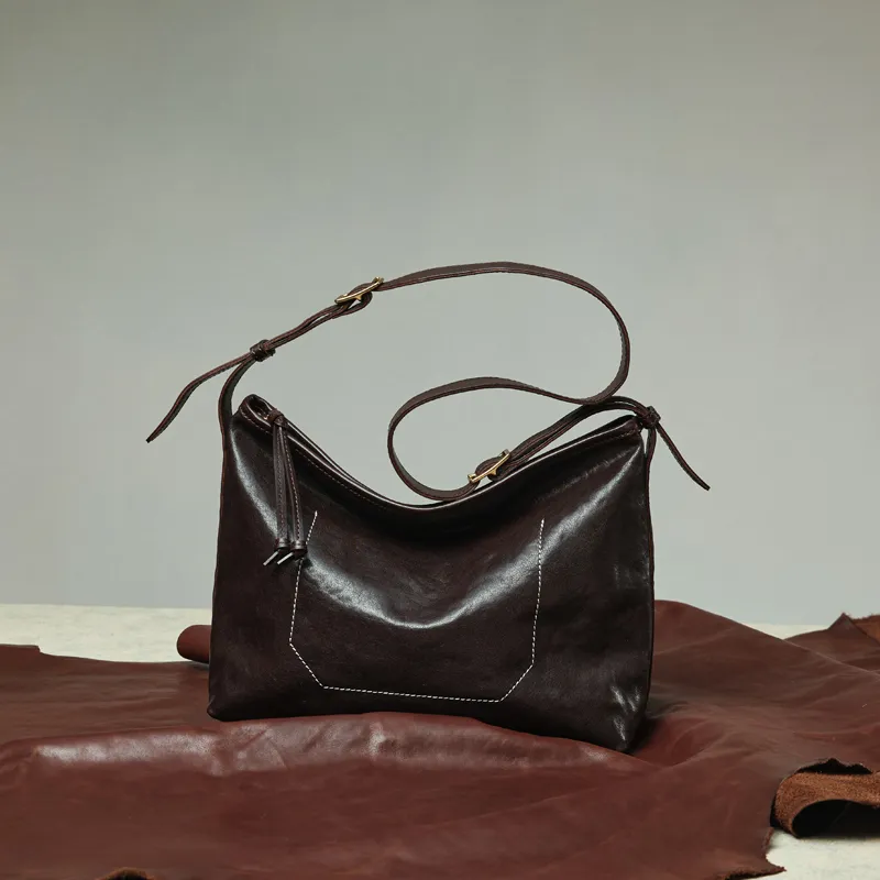 COCOEVA Crystal Vegetable Tanned Leather Shoulder Bag Crossbody Bag Women's Coffee/Black-3
