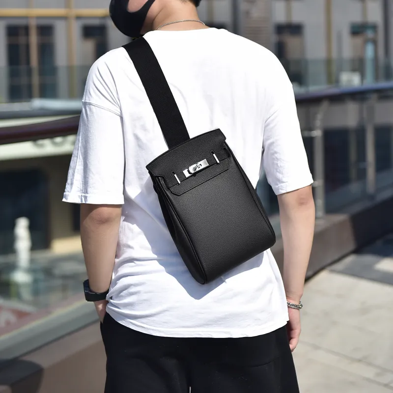 Ceion Keust Top Grain Cow Leather Sling Bag Medium Size Unisex Black-9
